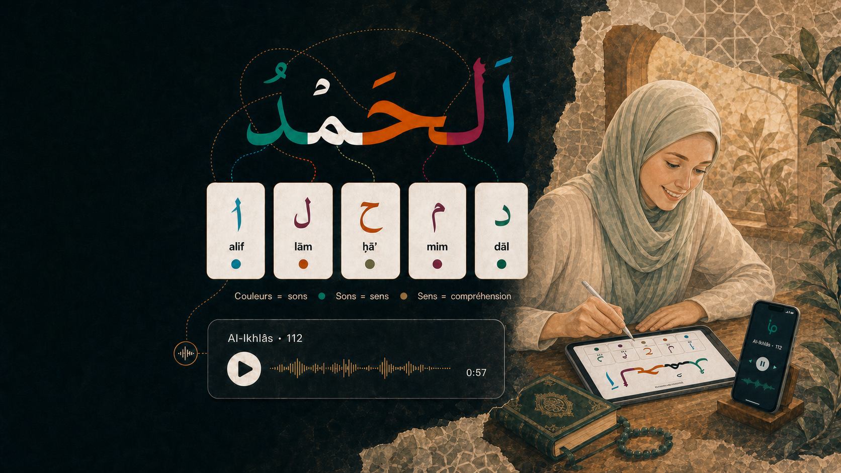 Une femme étudie activement le Coran sur une tablette ; les lettres arabes sont associées à des couleurs, des sons et leur sens.