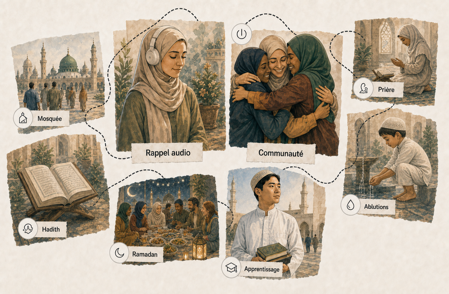 Une mosaïque de rappels sur la mosquée, les hadiths, le Coran, la prière, les ablutions, le Ramadan et la communauté.